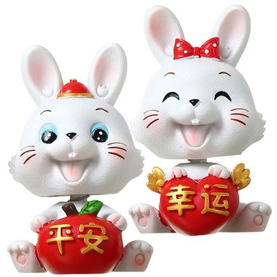 2pcs Rabbit Doll Ornament Rabbit Action Figure 2023 Year of The Rabbit Statue Desk Rabbit Statue Home Ornament Head Shaking Toy Rabbit Figure Ornament Fairy Desktop Top Hat Resin