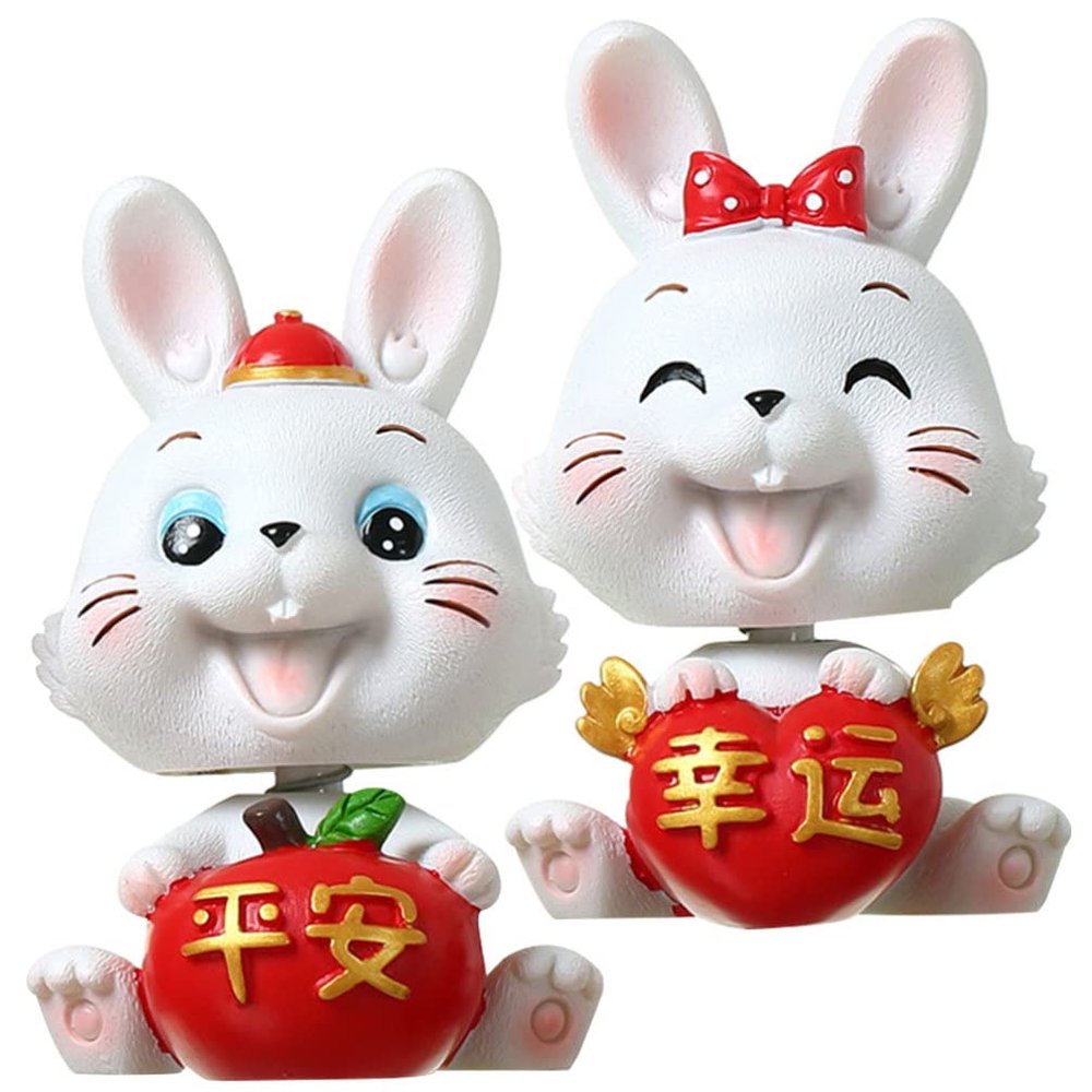 2pcs Rabbit Doll Ornament Rabbit Action Figure 2023 Year of The Rabbit Statue Desk Rabbit Statue Home Ornament Head Shaking Toy Rabbit Figure Ornament Fairy Desktop Top Hat Resin