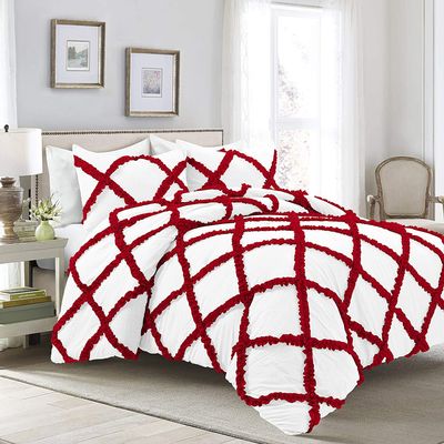 5PC Two-Tone Diamond Ruffles Duvet/Comforter Cover Set, 100% Egyptian Cotton & 400 Thread Count Set, Luxury & Stylish Dual-Color Quilt Covers - Burgundy/White Solid, King Size.