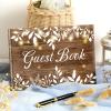 Wood Grain Wedding Guest Book with Pen for Wedding Decor Birthday Rustic Leaves Visitors Book for Anniversary Funeral White Leaves Bridal Shower Wood Grain Guestbook Signing Rustic Decor view 4