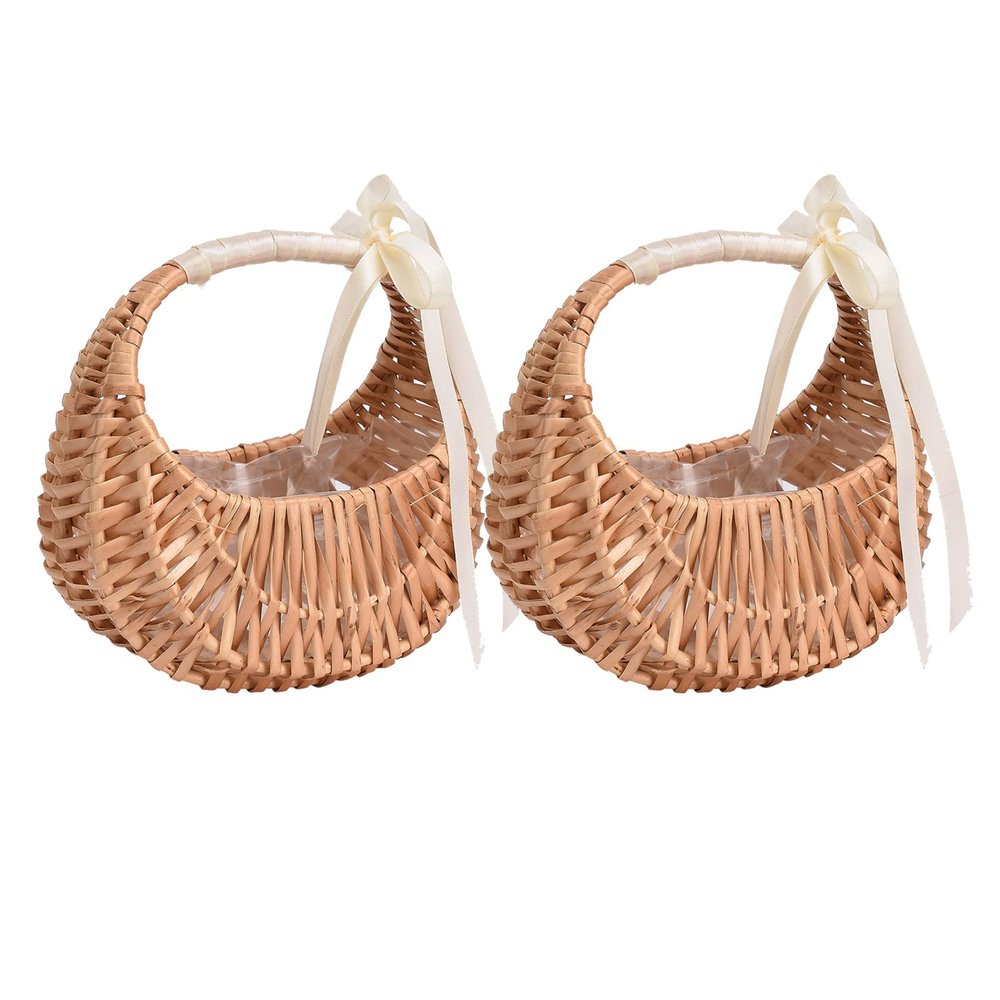 2Pcs Flower Girl Baskets w/Handle and Ribbon Bow,Handwoven Flower Baskets, Flower Basket Woven Rattan Basket, Half Moon Willow Flower Arrangement Basket
