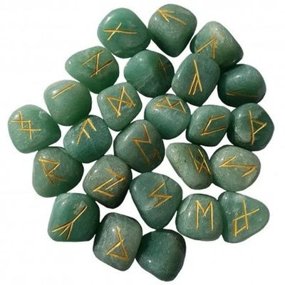Asra Crystal Natural Green Aventurine Futhark Viking Rune Stone Set, Engraved Letter Norse Witchcraft Healing Crystal Reiki Gemstones Irregular Shaped