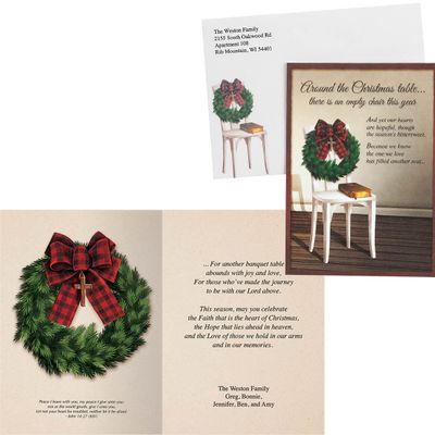 Fox Valley Traders Custom The Empty Chair Christmas Card Set of 20, Card and Front of Envelope Custom w/Design