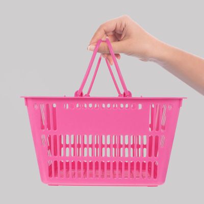 ULTECHNOVO Shopping Basket with Handles, Plastic Grocery Basket Portable Shop Storage Small s for Storage Vegetable Toys Retail Stores Bathroom, 15" x 10" (Pink)
