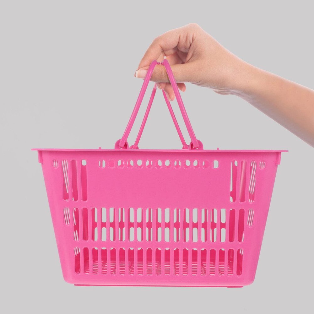 ULTECHNOVO Shopping Basket with Handles, Plastic Grocery Basket Portable Shop Storage Small s for Storage Vegetable Toys Retail Stores Bathroom, 15" x 10" (Pink)