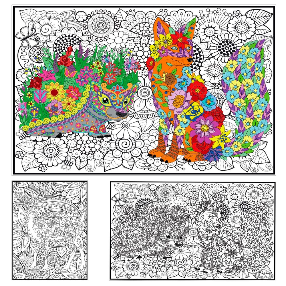 2 Pack Large Coloring Posters - Giant Coloring Poster for Kids and Adults - Animal Fox Hedgehog Deer Huge Book - Big Flower Pages for Office School at Work - Jumbo Sheet for Floor Table Wall Size