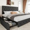 Allewie Upholstered King Size Platform Bed Frame with 4 Storage Drawers and Headboard, Diamond Stitched Button Tufted, Mattress Foundation with Wooden Slats Support, No Box Spring Needed, Dark Grey view 1