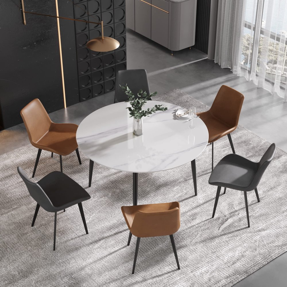 Round Dining Table, White Sintered Stone Tabletop with Solid Carbon Steel Base, Mid Century Modern Dining Table for Kitchen Dining Room, 53 inch (Table Only)