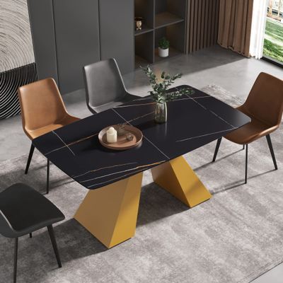 63" Modern Dining Table, Black Sintered Stone Tabletop Dining Table with Gold Carbon Steel Base, Rectangular Dining Room Table for 4-6