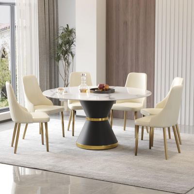 Round Dining Table, White Sintered Stone Tabletop with Solid Carbon Steel Base, Mid Century Modern Dining Table for Kitchen Dining Room, 59 inch (Table Only)