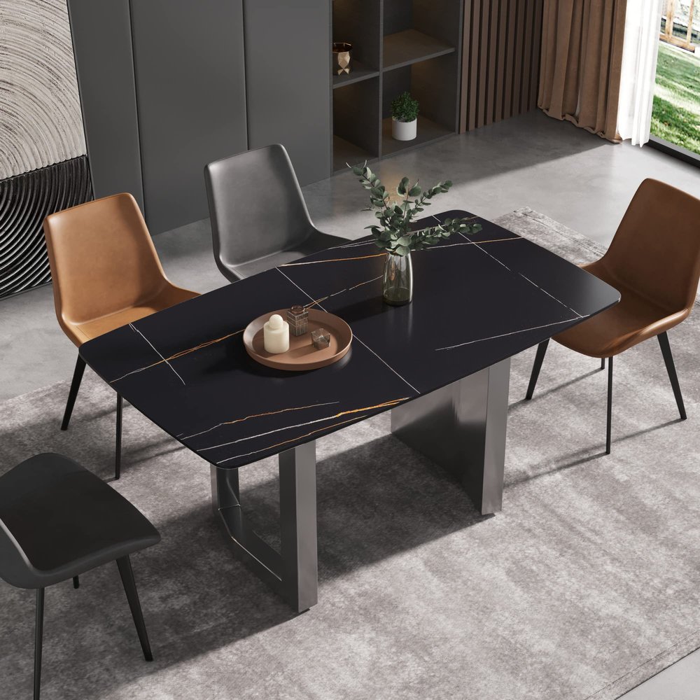 63" Modern Dining Table, Black Sintered Stone Tabletop Dining Table with Black Carbon Steel Base, Rectangular Dining Room Table for 4-6