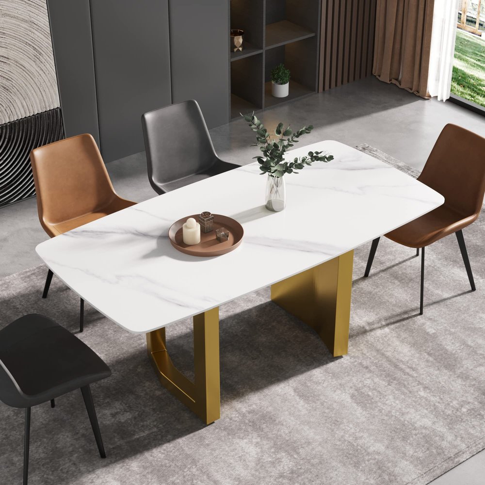 70.8" Modern Dining Table, White Sintered Stone Tabletop Dining Table with Gold Carbon Steel Base, Rectangular Dining Room Table for 6-8