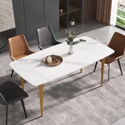 70.8" Modern Dining Table, White Sintered Stone Tabletop Dining Table with Gold Carbon Steel Table Legs, Rectangular Dining Room Table for 6