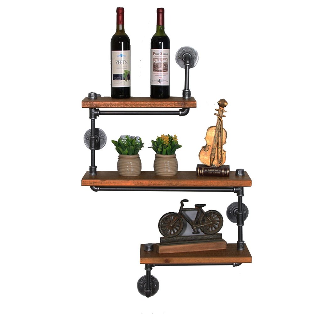 Drsyffsup 3 Tier Wine Rack Units, Rustic Wall Bottle Holder Wooden Floating ShelvesIron Water Pipe Shelf Flower Plant Stand for Bathroom, Living Room, Bedroom, Kitchen