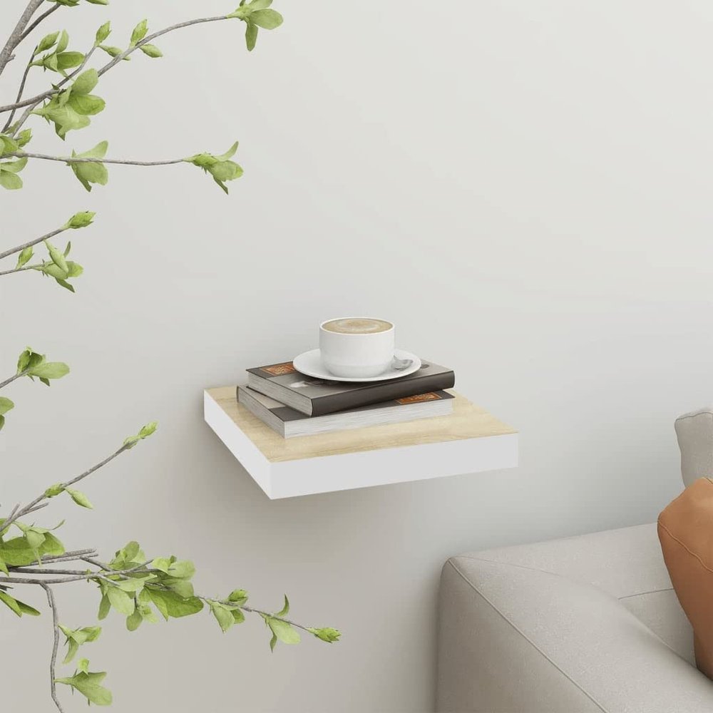 QZZCED Floating Shelves,Wall Storage Shelves,Wall Mounted Shelf Organizer Unit Display Shelf,Invisible Mounting System,Awards,Book,Collectibles,Ornaments,Oak and White 9.1"x9.3"x1.5" MDF