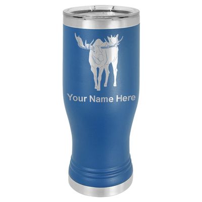 LaserGram 14oz Vacuum Insulated Pilsner Mug, Moose, Personalized Engraving Included (Dark Blue)
