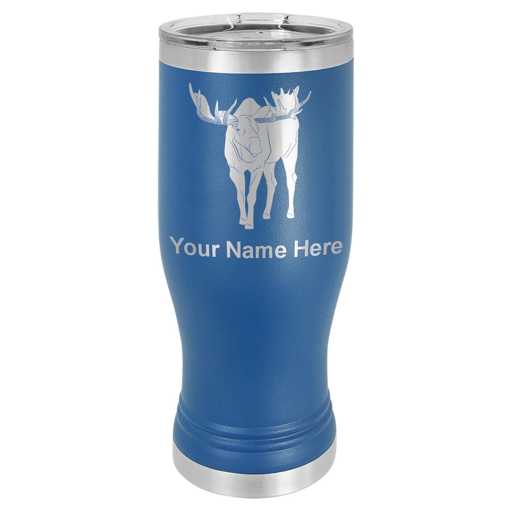 LaserGram 14oz Vacuum Insulated Pilsner Mug, Moose, Personalized Engraving Included (Dark Blue)