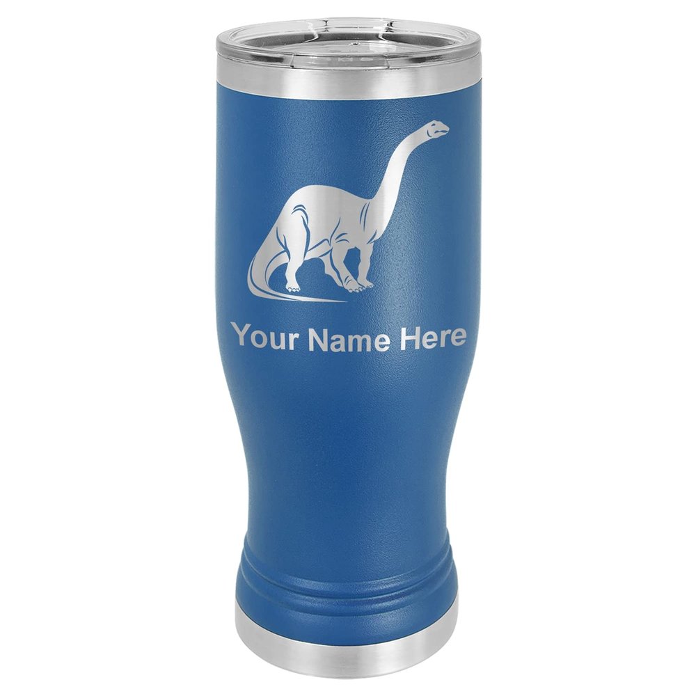 LaserGram 14oz Vacuum Insulated Pilsner Mug, Brontosaurus Dinosaur, Personalized Engraving Included (Dark Blue)