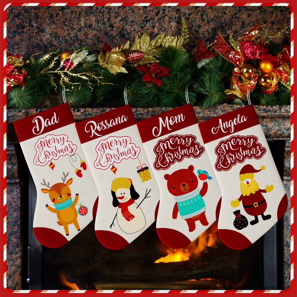 Magimagine Personalized Christmas Stockings Gifts with Name, Customized Stockings with Santa Snowman Deer Penguin Bear Xmas Decoration, Perfect for Family Holiday Christmas Party Decoration