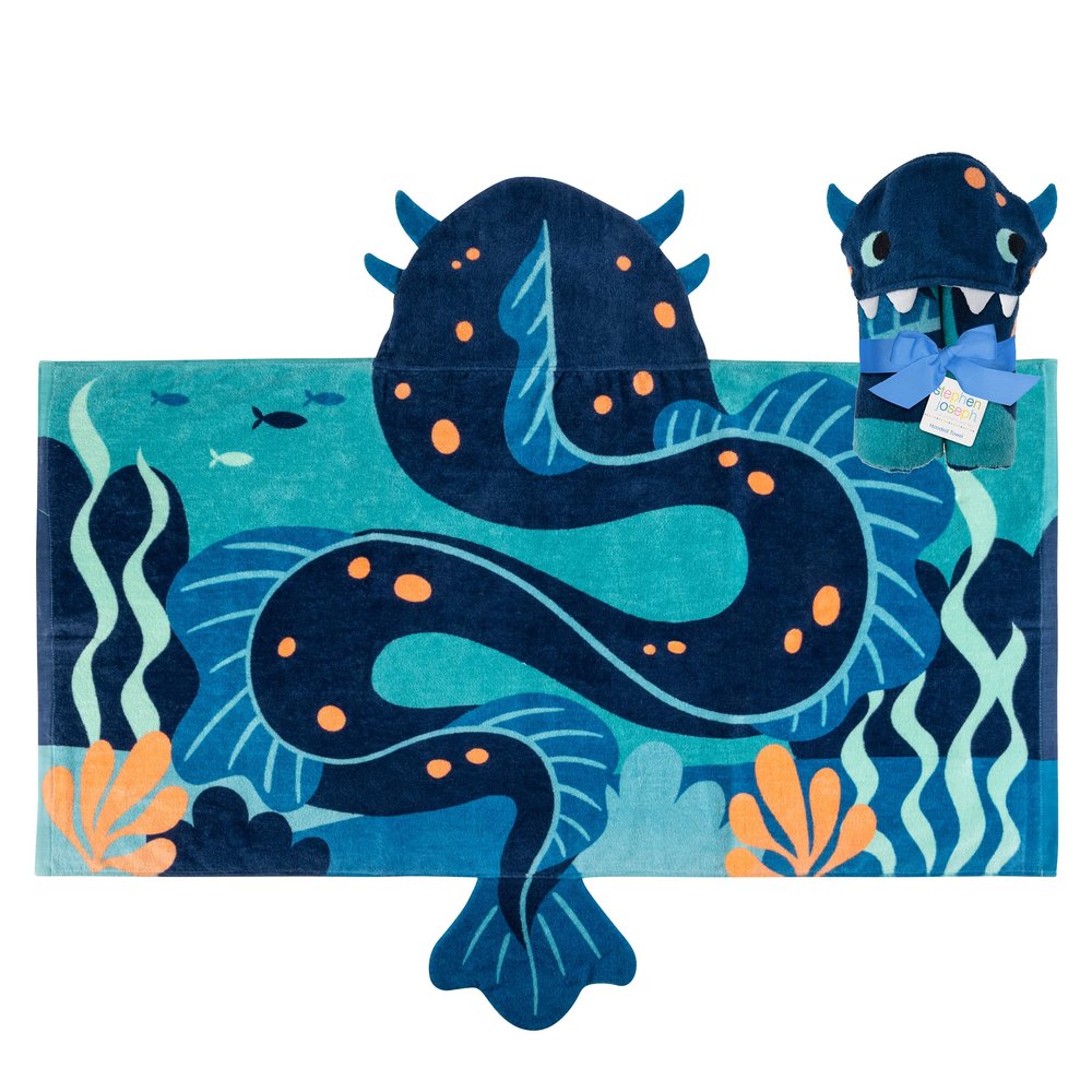 Stephen Joseph, Kids Hooded Beach Towel for Girls & Boys (3-8 Years), Toddler Poncho Bath Towel with Hood, Soft Absorbent Cotton, Large 46x 23.5, Sea Monster