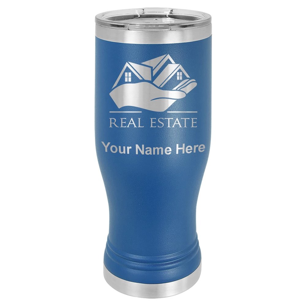 LaserGram 14oz Vacuum Insulated Pilsner Mug, Real Estate, Personalized Engraving Included (Dark Blue)