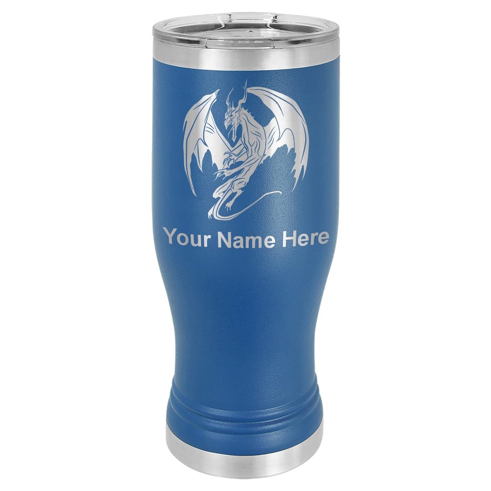 LaserGram 14oz Vacuum Insulated Pilsner Mug, Dragon, Personalized Engraving Included (Dark Blue)