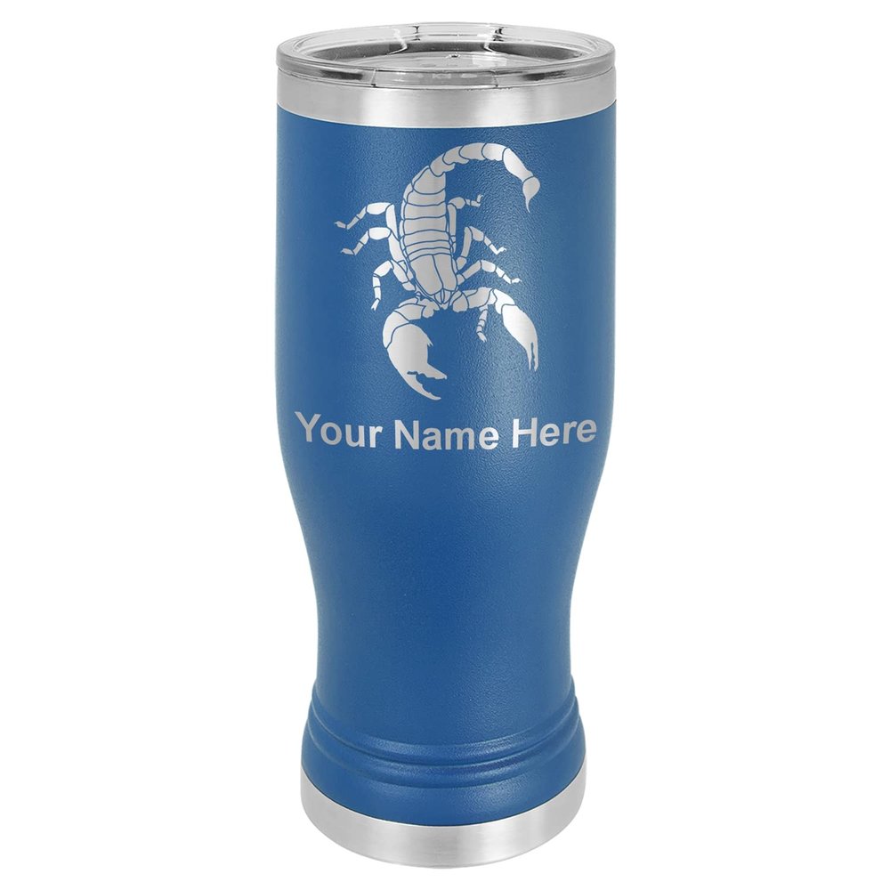 LaserGram 14oz Vacuum Insulated Pilsner Mug, Scorpion, Personalized Engraving Included (Dark Blue)