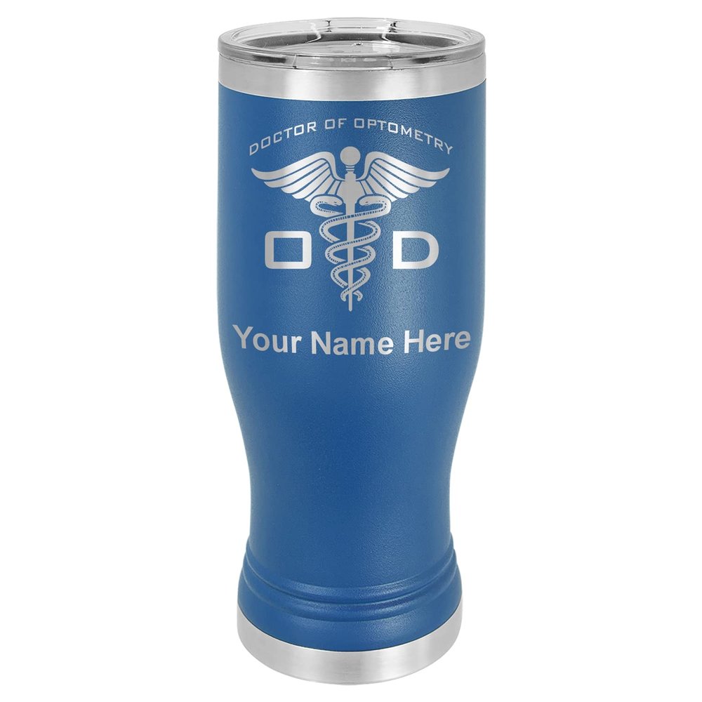 LaserGram 14oz Vacuum Insulated Pilsner Mug, OD Doctor of Optometry, Personalized Engraving Included (Dark Blue)