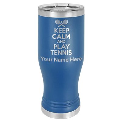 LaserGram 14oz Vacuum Insulated Pilsner Mug, Keep Calm and Play Tennis, Personalized Engraving Included (Dark Blue)