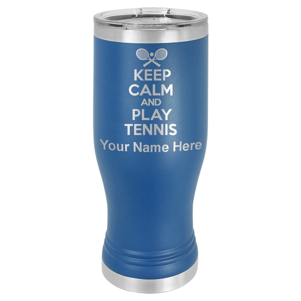 LaserGram 14oz Vacuum Insulated Pilsner Mug, Keep Calm and Play Tennis, Personalized Engraving Included (Dark Blue)