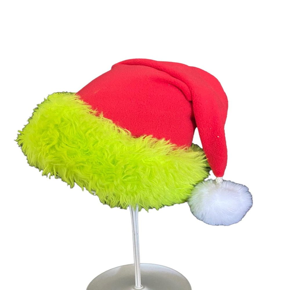 Red Fleece Santa Hat with Green Fur Trim, Adult Size Novelty Christmas Party Hat