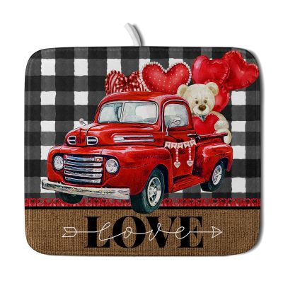 Buffalo Plaid Dish Drying Mat 16x18,Valentine's Day Decor, Rustic Love Truck Bear Red Heart Absorbent Dishes Pad Dish Drainer Mat Protector for Kitchen Counter Sink Coffee Maker Fast Dry