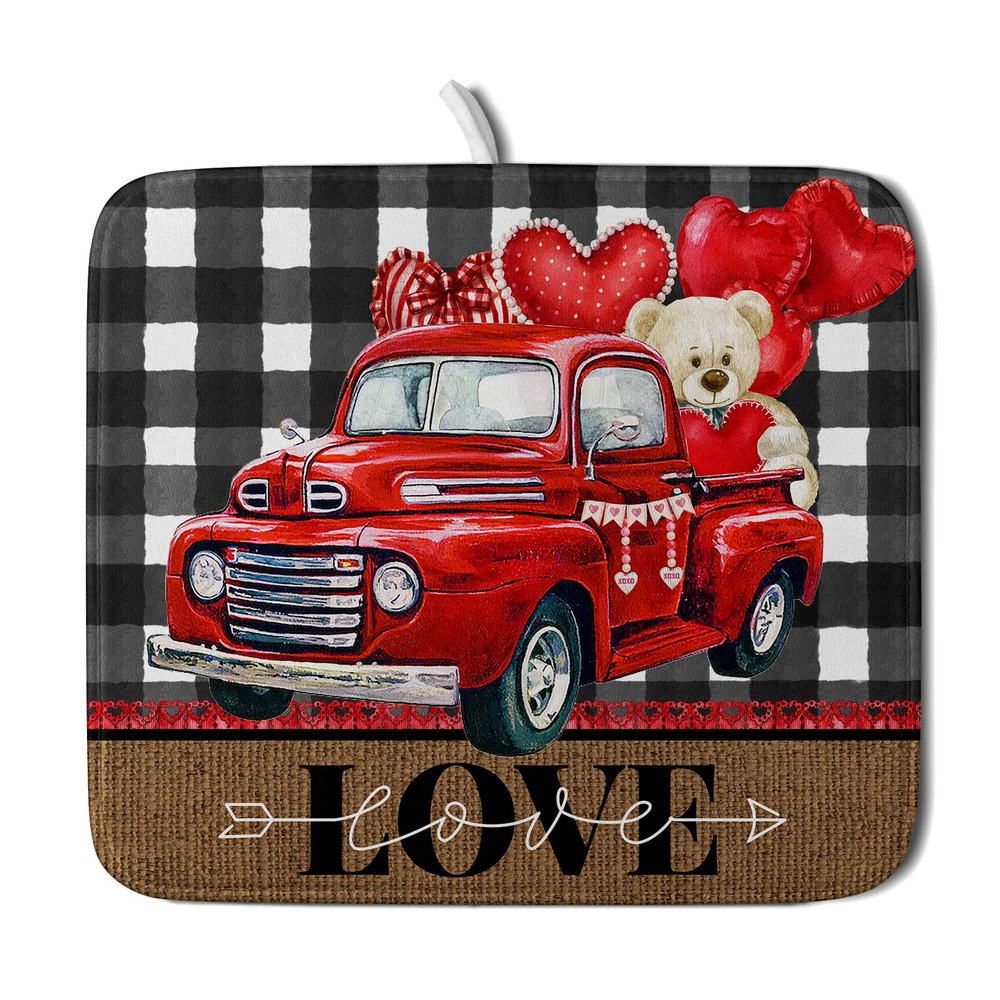 Buffalo Plaid Dish Drying Mat 16x18,Valentine's Day Decor, Rustic Love Truck Bear Red Heart Absorbent Dishes Pad Dish Drainer Mat Protector for Kitchen Counter Sink Coffee Maker Fast Dry
