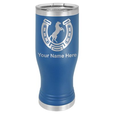 LaserGram 14oz Vacuum Insulated Pilsner Mug, Horseshoe with Horse, Personalized Engraving Included (Dark Blue)