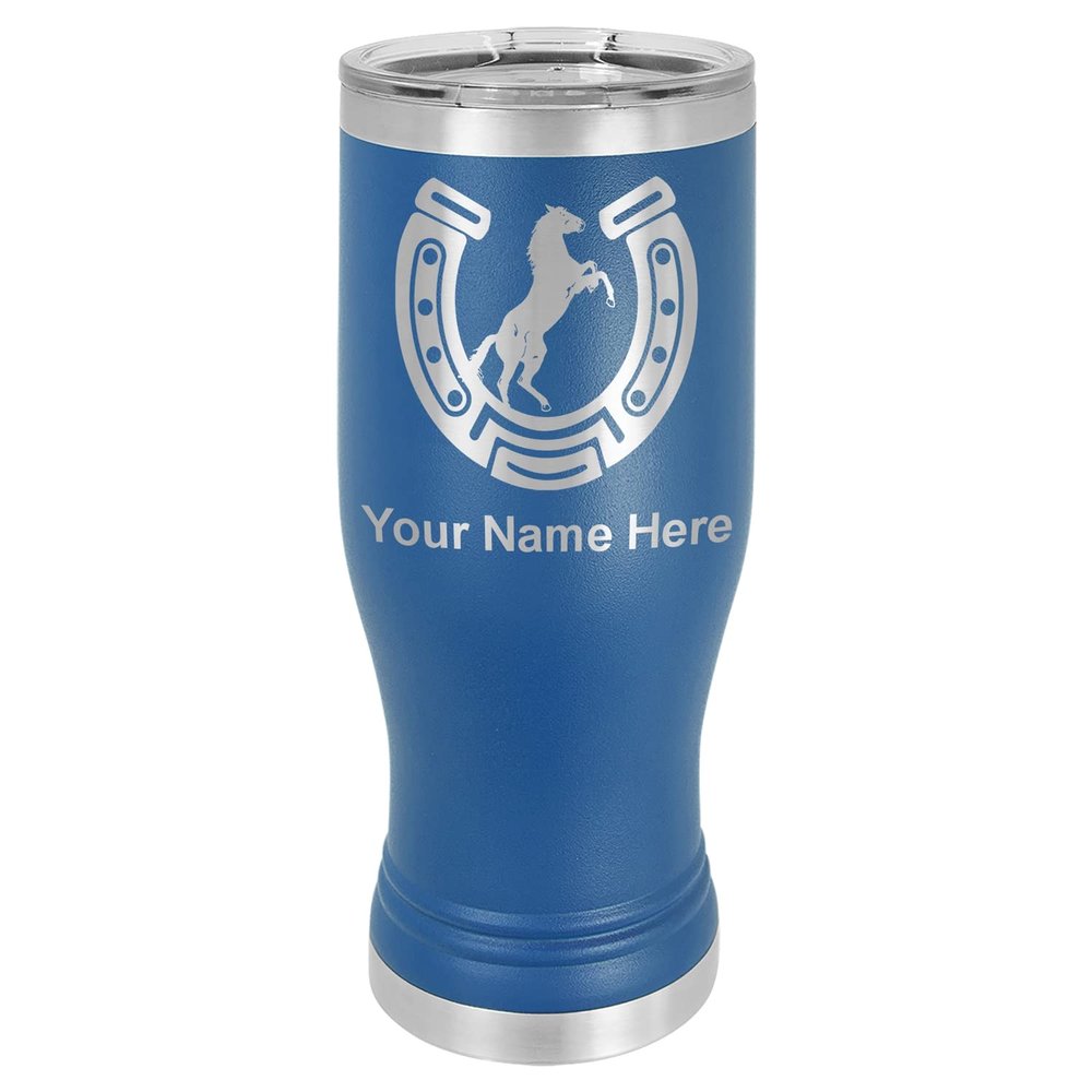 LaserGram 14oz Vacuum Insulated Pilsner Mug, Horseshoe with Horse, Personalized Engraving Included (Dark Blue)