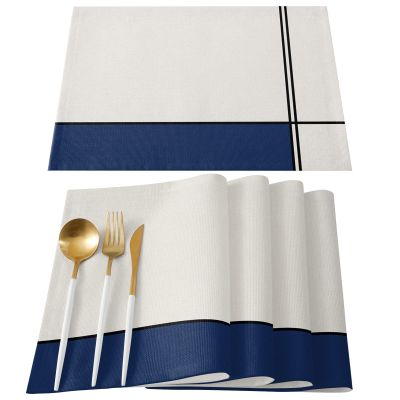 Washable Kitchen Placemats Set of 4, Navy Blue Color Block Table Mats for Dining Table Party Decorations, Geometry Middle Century Black Lines Non-Slip Heat-Insulation Place Mat Sets