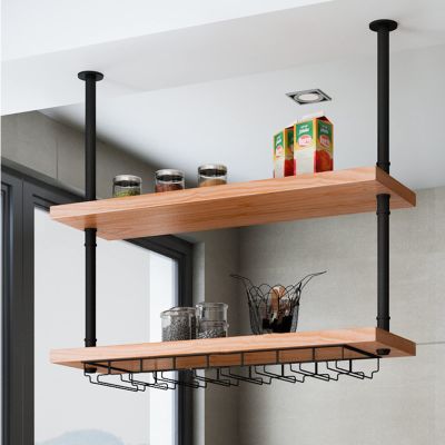 Ceiling Shelf, Kitchen Hanging 2 Tier Storage Racks Microwave Oven Pots and Pans Utensil Shelves Organization for Restaurants Display Stand (No Wine Glass Holder) (Size : 100x25x70cm)