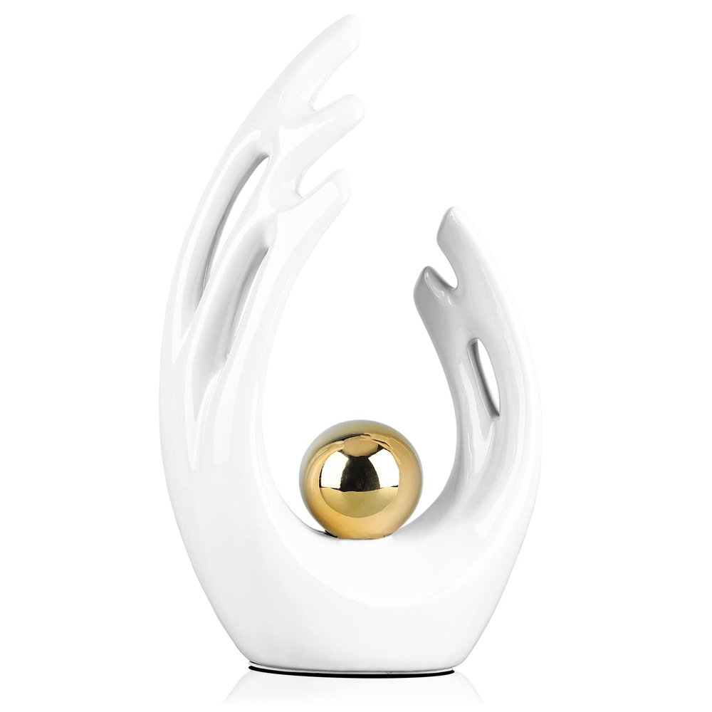 12" H White Gold Aesthetic Room Decor Accent, TV Stand Funky Table Centerpiece, Abstract Art Ceramic Statue and Sculpture, White Decor for Living Room, Bookshelf Decorative Objects, Shelf Decor
