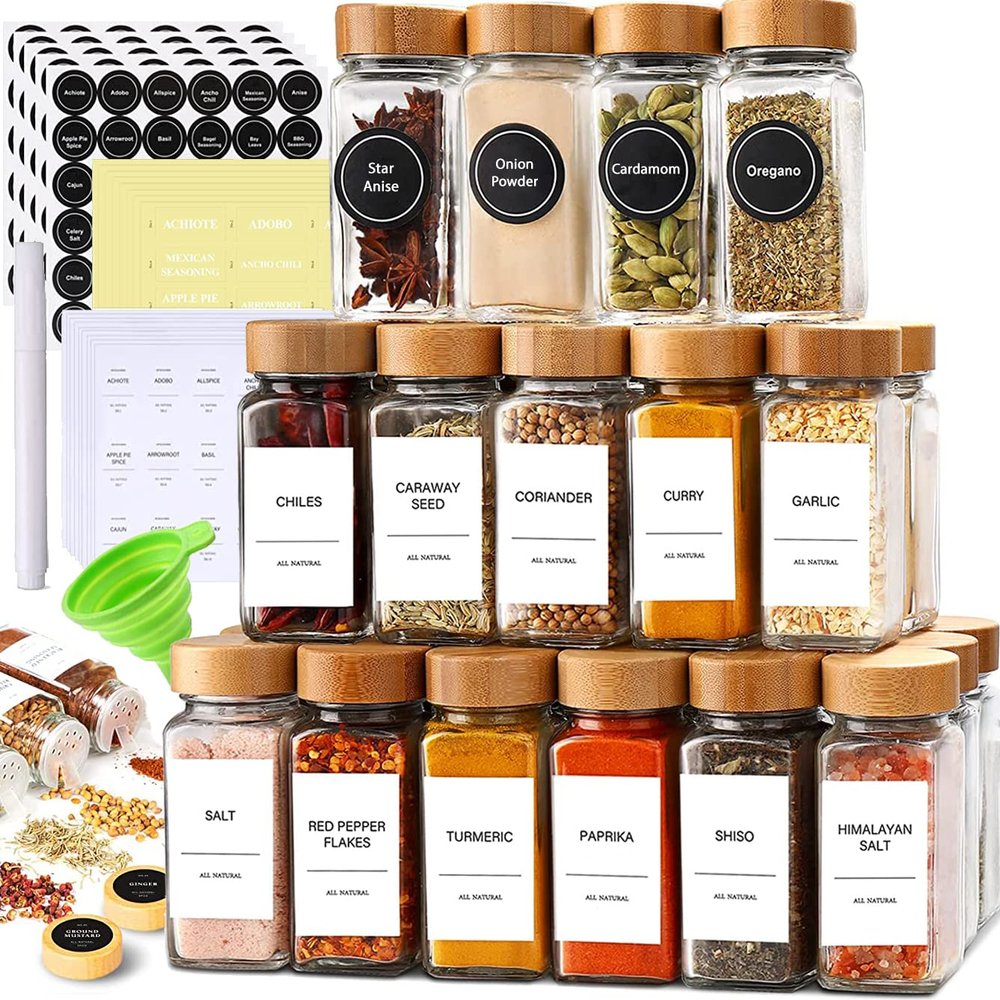 24-Piece Spice Jars Set by Le'raze: Glass Jars with Bamboo Lids, Labels & Funnel, Airtight Kitchen Storage