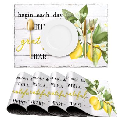 Begin Each Day with A Grateful Heart Lemon Placemats Set of 4 Rustic Wood Inspirational Saying Canvas Table Mats Decoration for Dining Kitchen Farmhouse 12x18 Inch Washable Heat-Resistant Mats