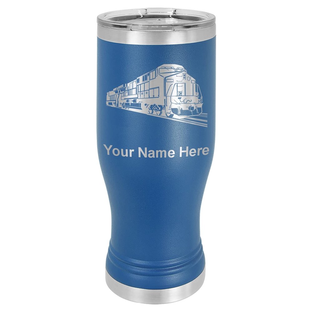 LaserGram 14oz Vacuum Insulated Pilsner Mug, Freight Train, Personalized Engraving Included (Dark Blue)