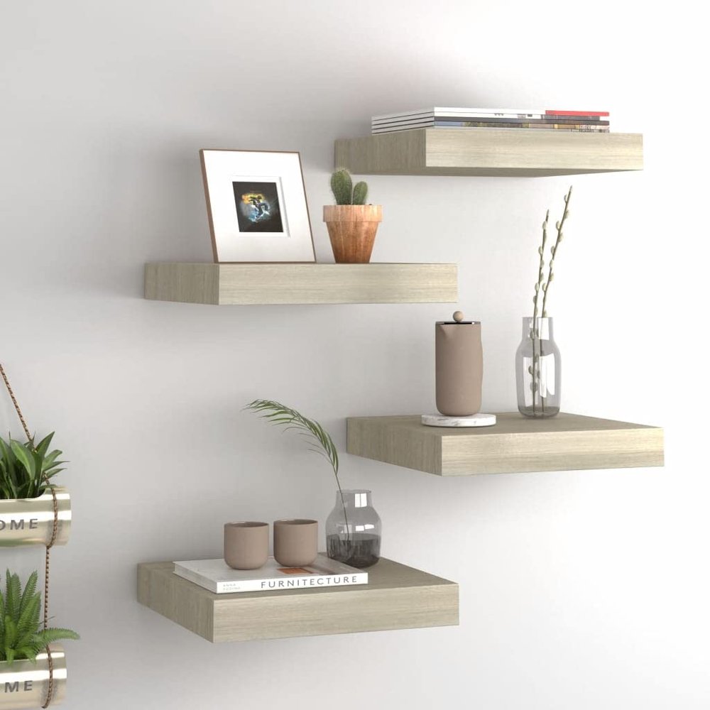 Modern Floating Shelves,Wall Storage Shelves,Wall Mounted Shelf Organizer Unit Display Shelf,for Living Room,Bedroom,Kitchen,Bathroom,Office,4 pcs Oak 9.1"x9.3"x1.5" MDF