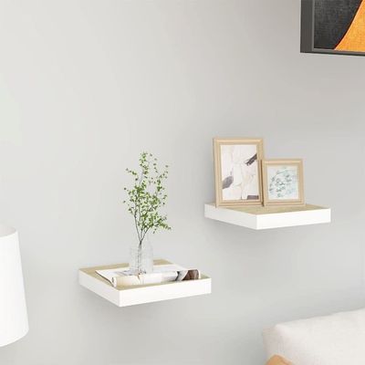 QZZCED Floating Shelves,Wall Storage Shelves,Wall Mounted Shelf Organizer Unit Display Shelf,Invisible Mounting System,Awards,Book,Collectibles,Ornaments,2 pcs Oak and White 9.1"x9.3"x1.5" MDF