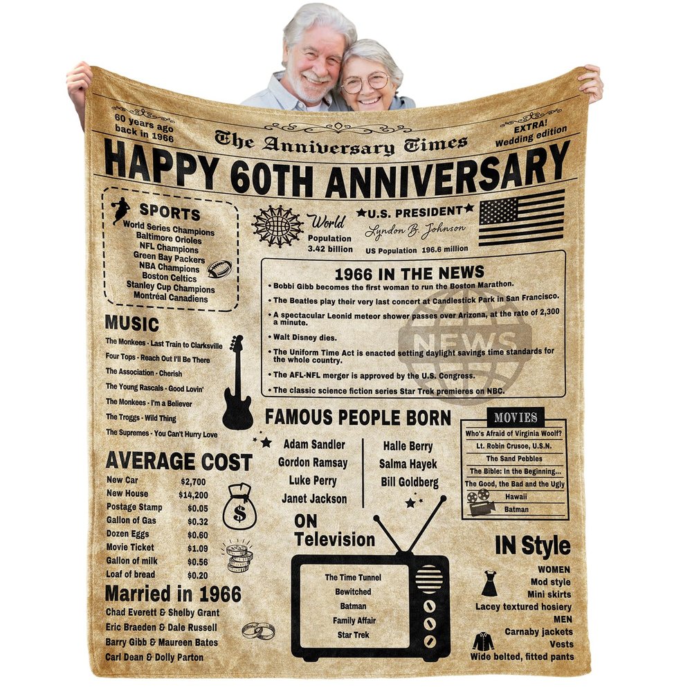 60th Anniversary Blanket Gifts Gift for 60th diamond Wedding Anniversary Sixty Years of Marriage Gifts for Couple Wife Husband Dad Mom Parents Grandpa Grandma Grandparents Back in 1966 Blanket 60x50