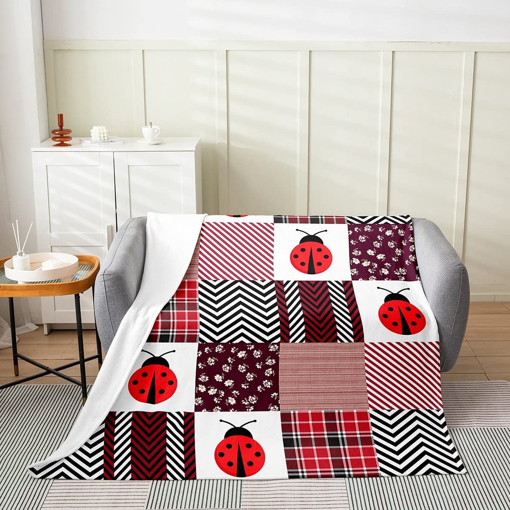 Cartoon Beetles Kids Flannel Blanket,Girls Boys Adults Room Decor,Geometric Plaids Splicing Waves Stripes Bed Blanket,Wildlife Florals Throw Blanket,Rustic Fuzzy Blanket,Throw Size (50 x 60 Inches)