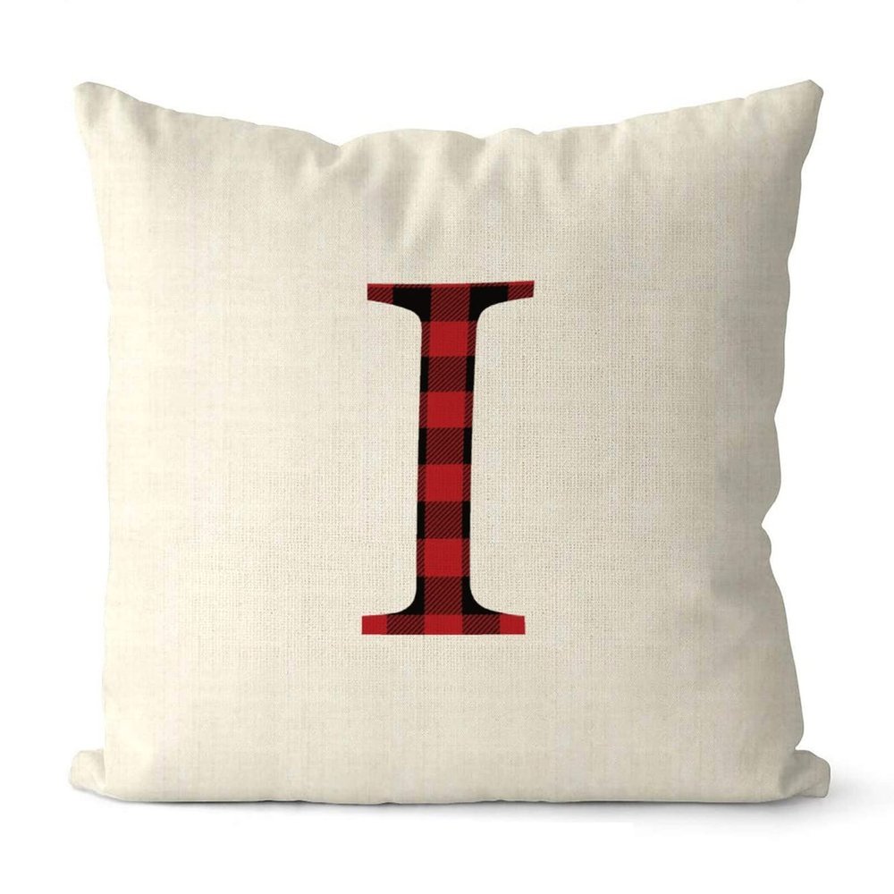 Rebbygena Red Black Buffalo Plaid Christmas Monogram Alphabet I Christmas Throw Pillow Covers 20x20 Farmhouse Cotton Linen ChristmasAccent Pillows Case Cover for Couch