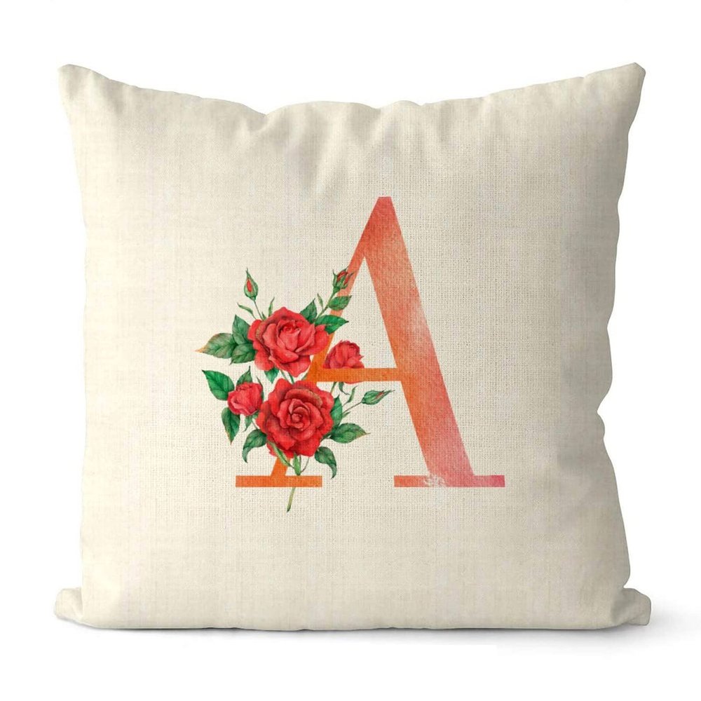 Red Floral Alphabet Letter A Funny Throw Pillow Covers 20x20 Custom Family Monogram Farmhouse Christmas Pillow Case Cotton Linen for Couch Sofa Home Decor