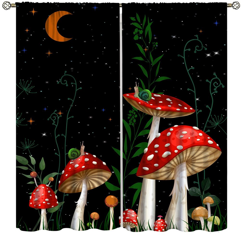 Mushroom Curtains,Dream Forest Plants Beautiful Moon Animals Snails Printed Curtains Home Bedroom Living Room Kitchen Blackout Curtains 63x63in