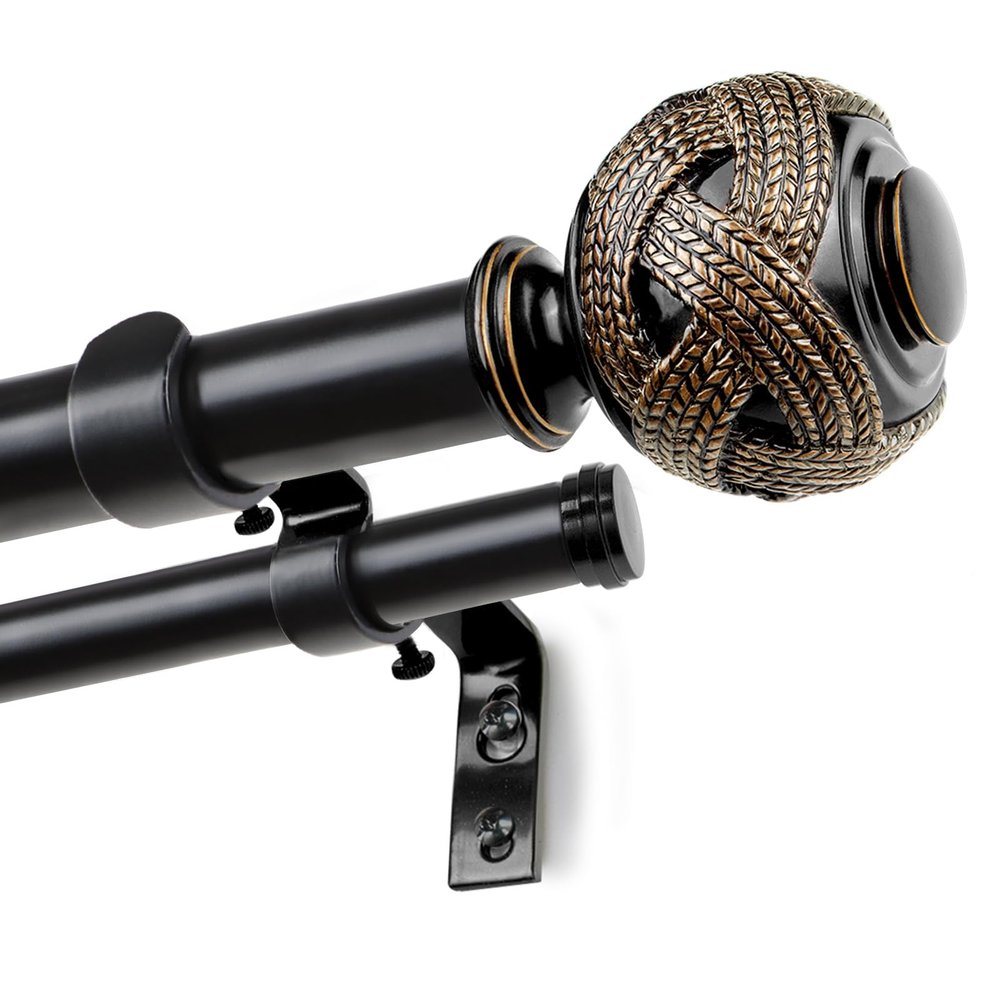 1 Inch Double Curtain Rods 72 to 144 Inches (6 to 12 ft), USFOOK Black Drapery Rods for Windows 69 to 140 Inches, Telescoping Dual Curtain Rod with Woven Leaf Finials