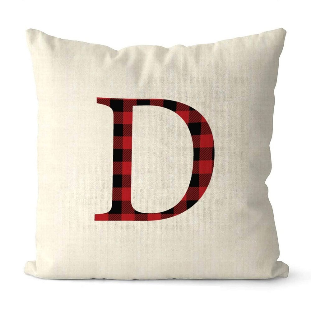 Rebbygena Red Black Buffalo Plaid Christmas Monogram Alphabet D Christmas Throw Pillow Covers 20x20 Farmhouse Cotton Linen Personalized MonogramAccent Pillows Case Cover for Couch